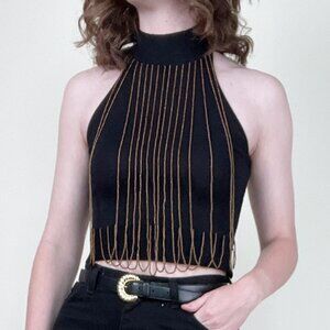 Vintage Silk Beaded Kit Crop Top Halter Blouse Shirt Sexy Going Out Club 90s Y2K